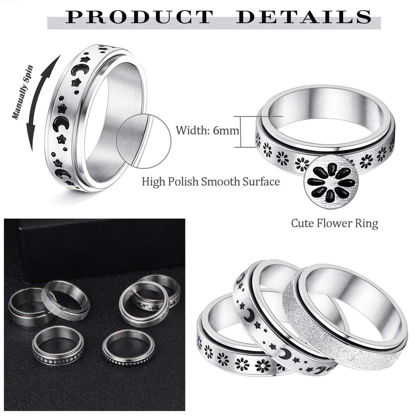 Stainless Steel Rotatable Spinner Ring Moon Stars Relieve Anxiety Rings | Feel anxiety free with these Rings