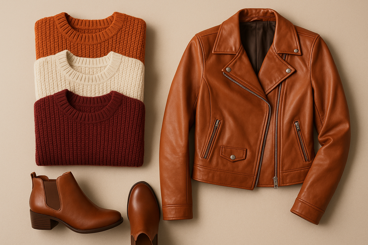 Autumn fashion flat lay with knits and shoes and jacket stock photo